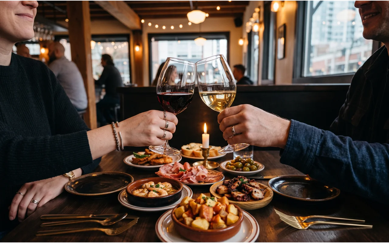 A couple toasting wine over a candlelit dinner