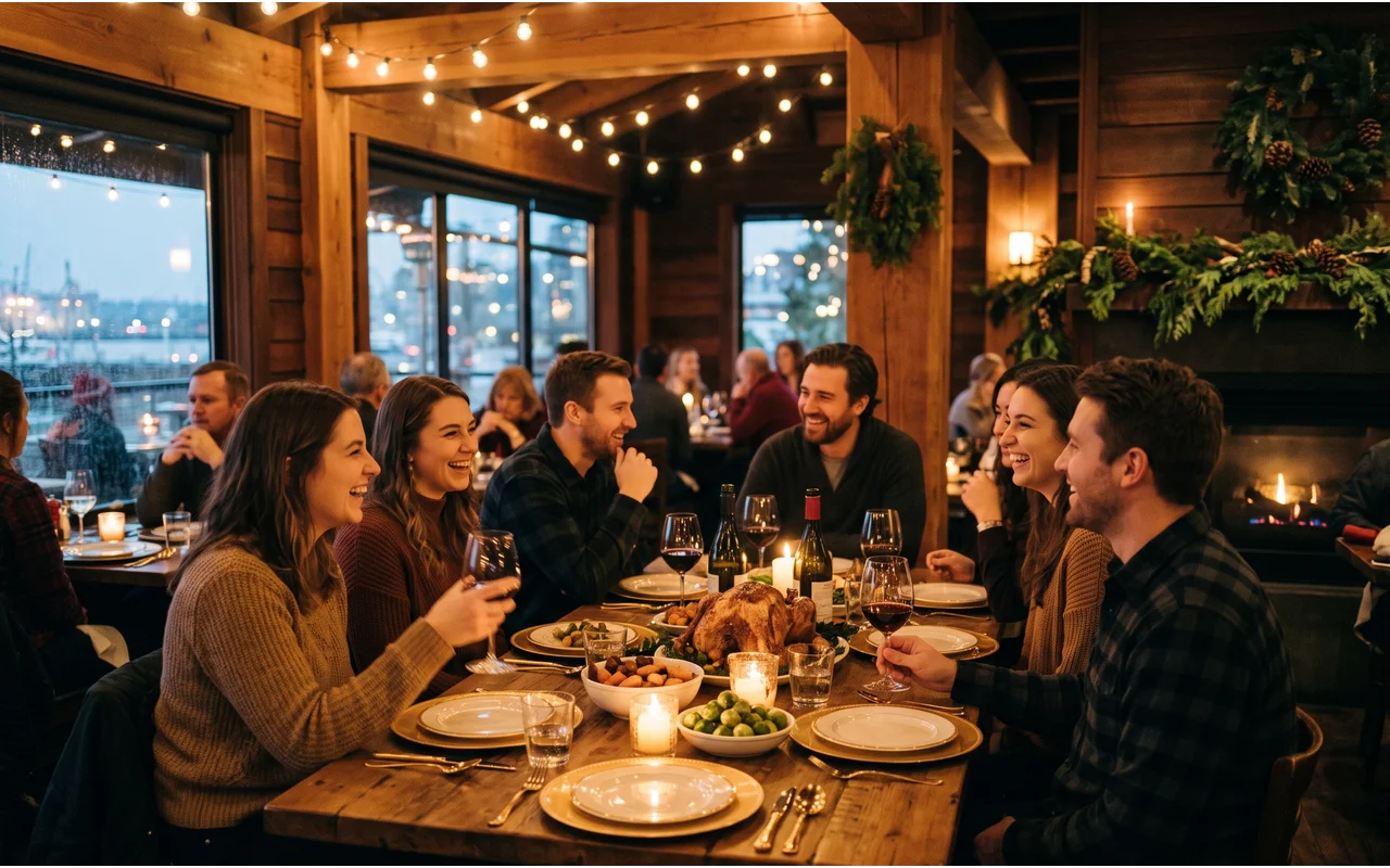 Friends sharing a Christmas dinner with wreaths, candlelight, and a holiday roast