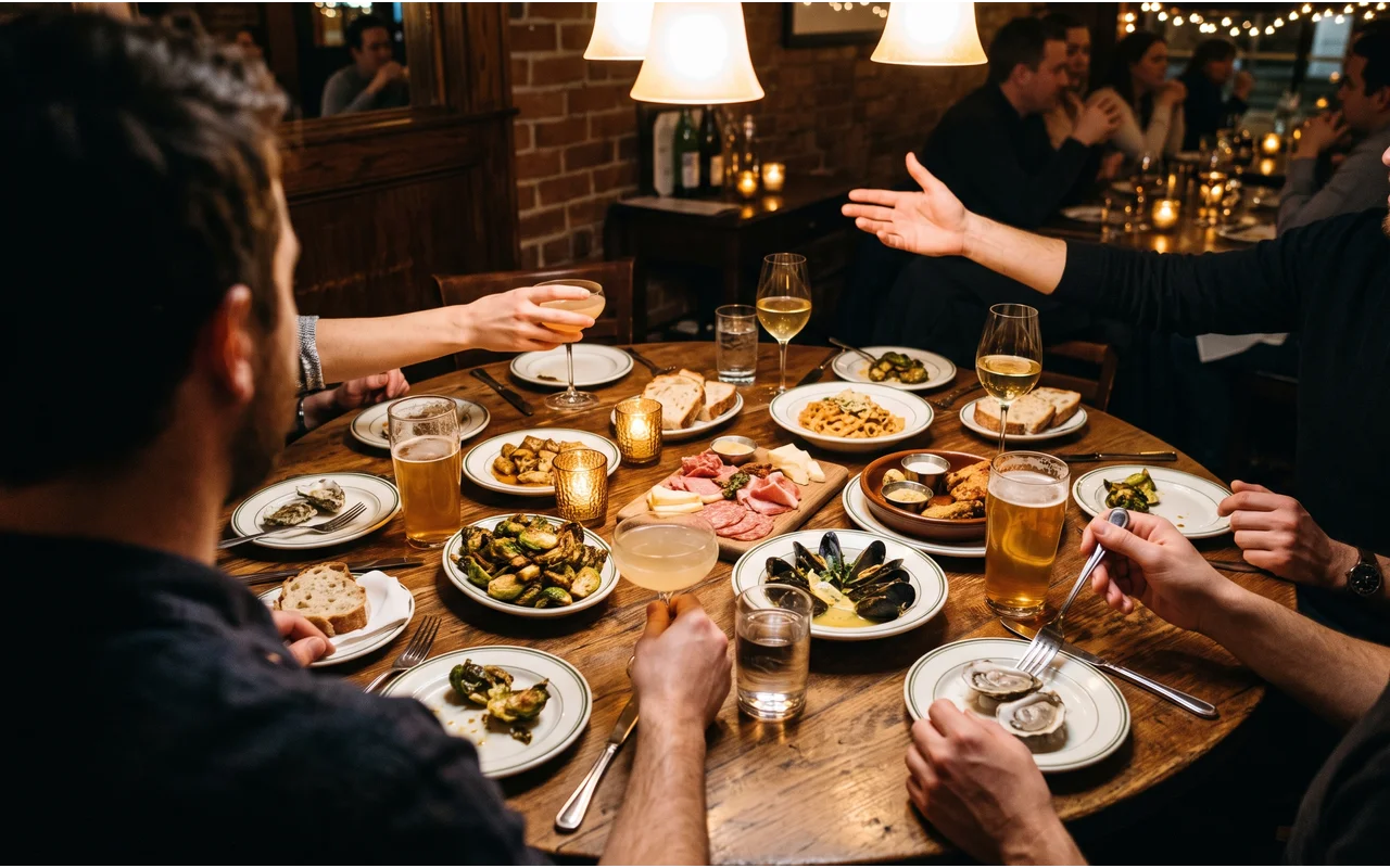 A round restaurant table crowded with shared plates